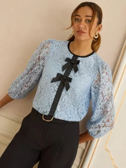 Love & Roses Lace 3/4 Sleeve Bow Detail Blouse Pale Blue Sale