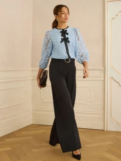 Love & Roses Lace 3/4 Sleeve Bow Detail Blouse Pale Blue Sale