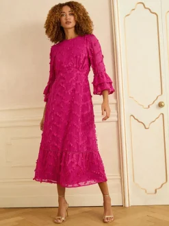 Love & Roses Flute Sleeve Midi Dress Pink 3D Clearance