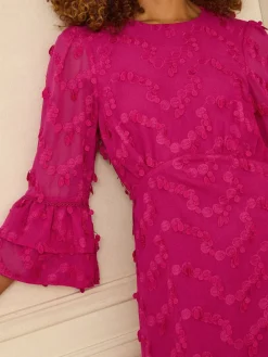 Love & Roses Flute Sleeve Midi Dress Pink 3D Clearance