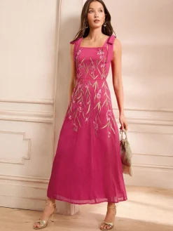 Love & Roses Pink Floral Print Embroidered Tie Shoulder Midaxi Dress Online