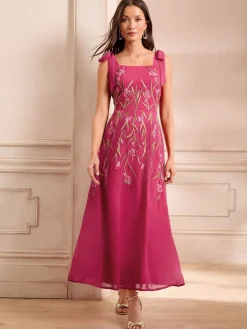 Love & Roses Pink Floral Print Embroidered Tie Shoulder Midaxi Dress Online