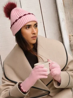 Love & Roses Scallop Trim Ribbed Pom Hat and Gloves Set Pink Clearance