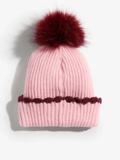 Love & Roses Scallop Trim Ribbed Pom Hat and Gloves Set Pink Clearance