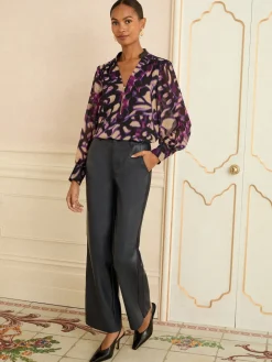 Love & Roses Long Sleeve Zip Front Blouse Purple Animal Hot