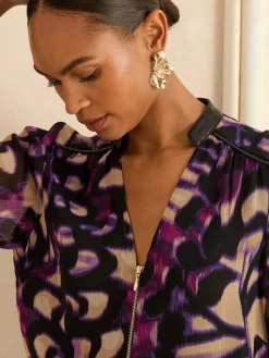 Love & Roses Long Sleeve Zip Front Blouse Purple Animal Hot