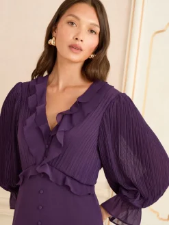 Love & Roses Pleated Ruffle Midi Dress Purple Clearance