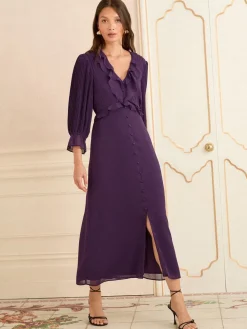 Love & Roses Pleated Ruffle Midi Dress Purple Clearance