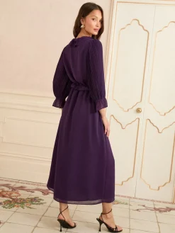 Love & Roses Pleated Ruffle Midi Dress Purple Clearance