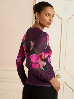 Love & Roses Printed Long Sleeve Mesh Top Purple Online