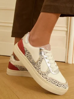 Love & Roses Mix Flatform Comfort Retro Low Top Trainers Real Leather Multi White Spot Discount