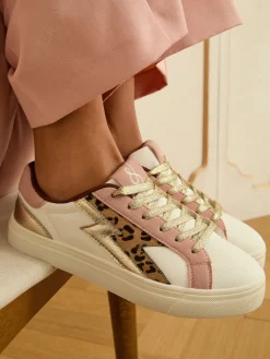 Love & Roses Mix Flatform Comfort Retro Low Top Trainers Real Leather Pink Leopard White Hot