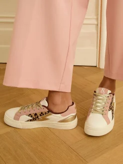 Love & Roses Mix Flatform Comfort Retro Low Top Trainers Real Leather Pink Leopard White Hot