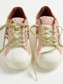 Love & Roses Mix Flatform Comfort Retro Low Top Trainers Real Leather Pink Leopard White Hot