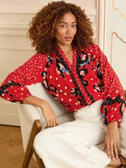 Love & Roses Red Animal Notch Neck Long Sleeve Blouse Clearance