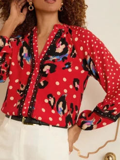 Love & Roses Red Animal Notch Neck Long Sleeve Blouse Clearance