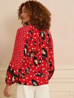 Love & Roses Red Animal Notch Neck Long Sleeve Blouse Clearance
