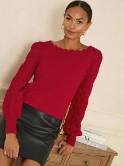 Love & Roses Red Bobble Stitch Scallop Knit Jumper New