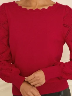 Love & Roses Red Bobble Stitch Scallop Knit Jumper New