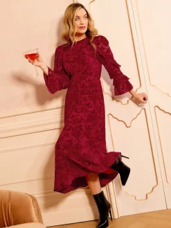 Love & Roses Burnout Ruffle Midi Dress Red Floral Online