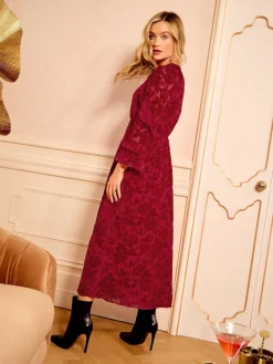 Love & Roses Burnout Ruffle Midi Dress Red Floral Online