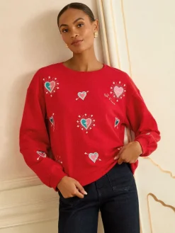 Love & Roses Red Heart Embroidery Crew Neck Jersey Sweatshirt Best