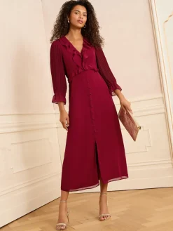 Love & Roses Pleated Ruffle Midi Dress Red Hot