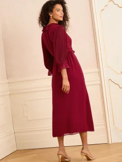 Love & Roses Pleated Ruffle Midi Dress Red Hot