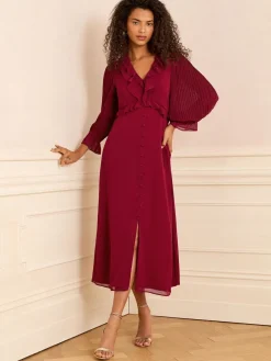 Love & Roses Pleated Ruffle Midi Dress Red Hot