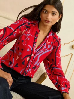 Love & Roses Red Print Notch Neck Long Sleeve Blouse Outlet
