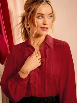 Love & Roses Button Through Long Sleeve Shirt Red Scallop Discount