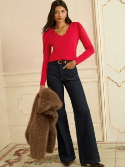 Love & Roses Red Scallop V-Neck Long Sleeve Jersey Top Clearance