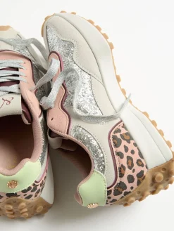 Love & Roses Mix Material Retro Comfort Jogger Trainers Silver Glitter Best