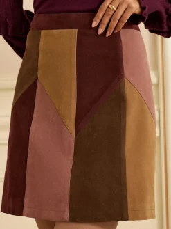 Love & Roses Tan Brown and Pink Faux Suede Patchwork Mini Skirt New