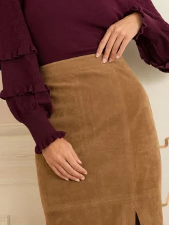 Love & Roses Tan Brown Faux Suede Slit Midi Skirt Sale