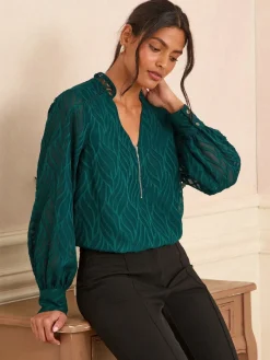 Love & Roses Long Sleeve Zip Front Blouse Teal Blue Burnout Best