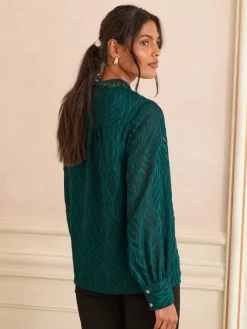 Love & Roses Long Sleeve Zip Front Blouse Teal Blue Burnout Best