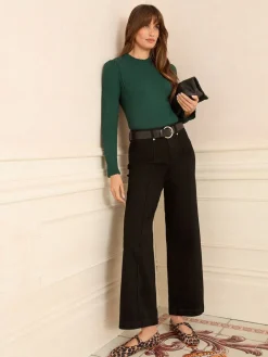 Love & Roses Teal Blue Frill Neck Long Sleeve Jersey Top Sale