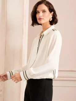 Love & Roses Button Through Long Sleeve Shirt White Ecru Metallic Sale