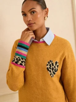 Love & Roses Yellow Animal Print Heart Crew Neck Cosy Jumper New