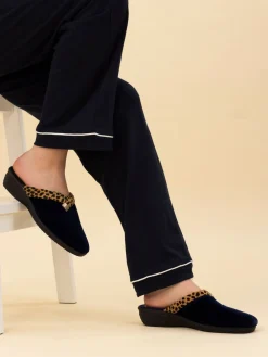 Lunar Michelle Animal Print Trim Wedged Mule Slippers Blue Best