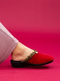 Lunar Michelle Animal Print Trim Wedged Mule Slippers Red New