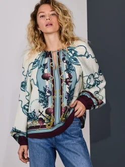 Next Keyhole Detail Relaxed Long Sleeve Blouse Marine Border Print Sale
