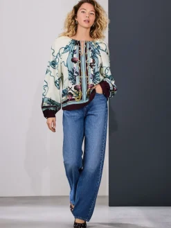 Next Keyhole Detail Relaxed Long Sleeve Blouse Marine Border Print Sale