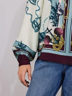 Next Keyhole Detail Relaxed Long Sleeve Blouse Marine Border Print Sale