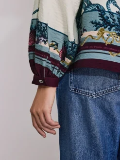 Next Keyhole Detail Relaxed Long Sleeve Blouse Marine Border Print Sale