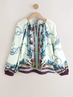 Next Keyhole Detail Relaxed Long Sleeve Blouse Marine Border Print Sale