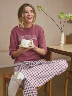 Next Mauve Purple Gingham Cotton Short Sleeve Pyjamas Clearance