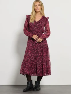 M&Co Black Petite Floral Chiffon Long Sleeve Boho Dress Discount