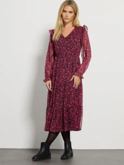 M&Co Black Petite Floral Chiffon Long Sleeve Boho Dress Discount